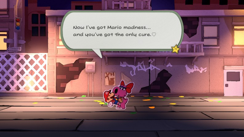 Birdo Confessing her "Mario Madness" While Holding Mario in Her Arms from Paper Mario: The Origami King