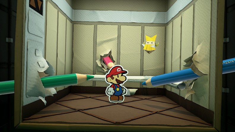 Mario Riding an Elevator Stabbed with Colored Pencils from Paper Mario: The Origami King