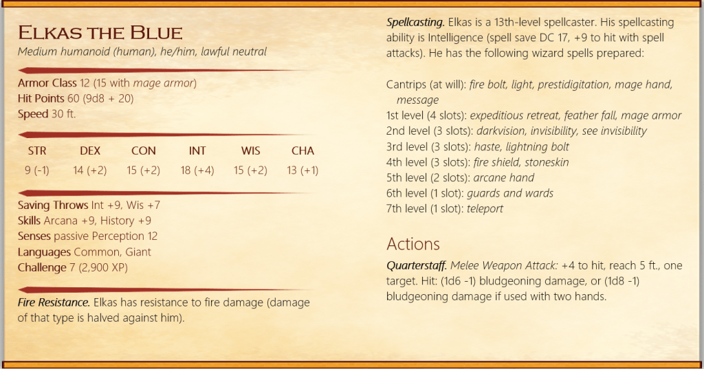 Elkas the Blue character description. 