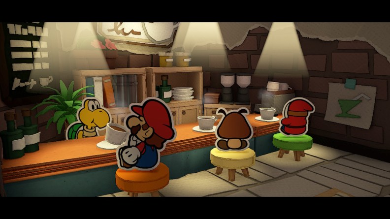 Mario Drinking a Cup of Coffee in a Cafe from Paper Mario: The Origami King