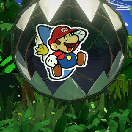Mario in Mid-Air, About to Be Devoured by a Chain Chomp from Paper Mario: The Origami King