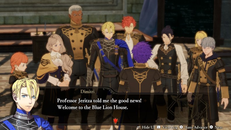 Dimitri welcoming Shez to the Blue Lion House in Fire Emblem Warriors: Three Hopes