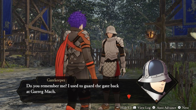 Saying hello to the gatekeeper in Fire Emblem Warriors: Three Hopes.